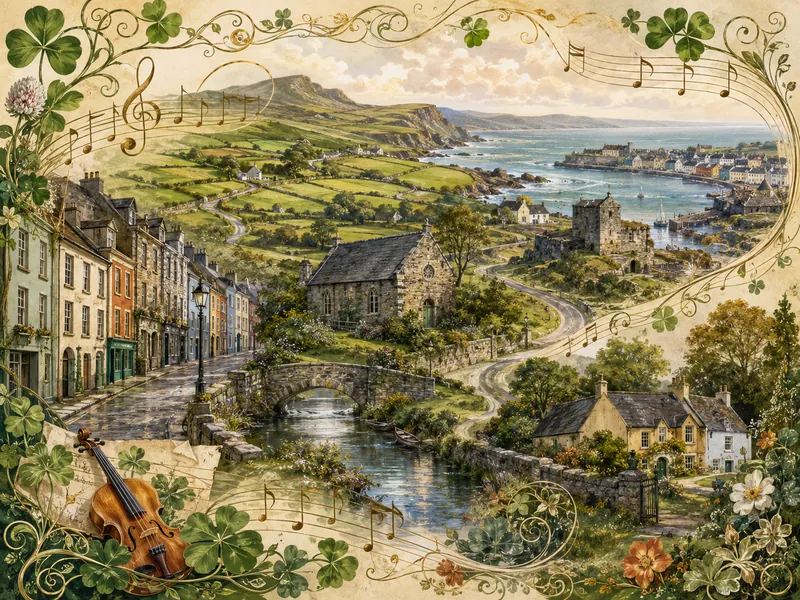 Ireland in Song visual showing town, countryside, coast and music motifs