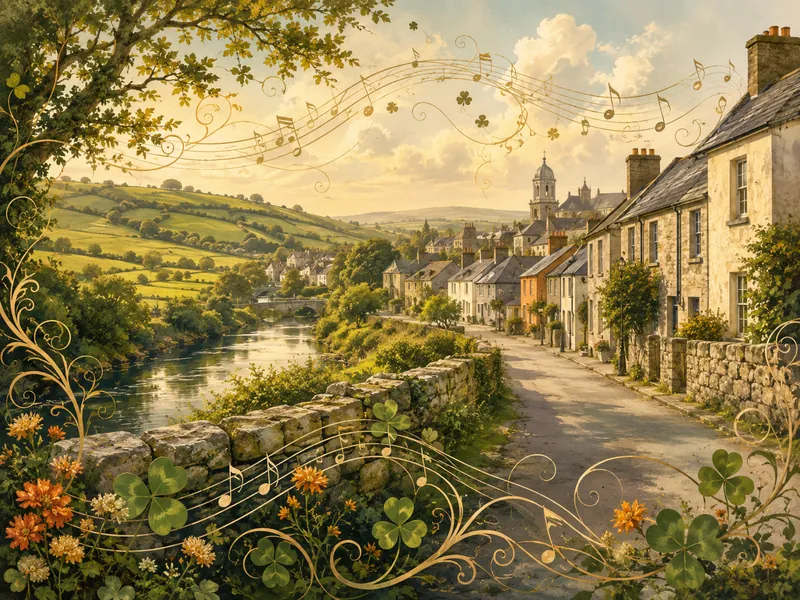 County Laois and Midlands inspired visual with river, village and musical motifs