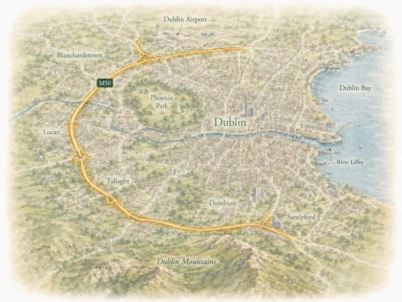 Illustrated watercolor map of Dublin showing the M50 ring road, Dublin Bay, River Liffey, Phoenix Park, Dublin Airport and surrounding suburbs.